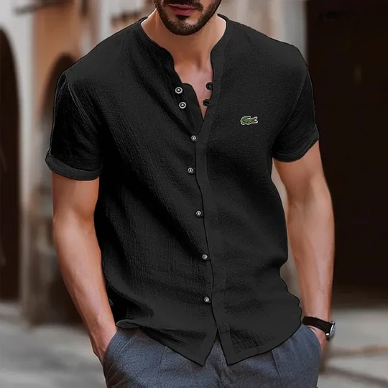L.C Textured Button Henley Shirt - Clearance Sale