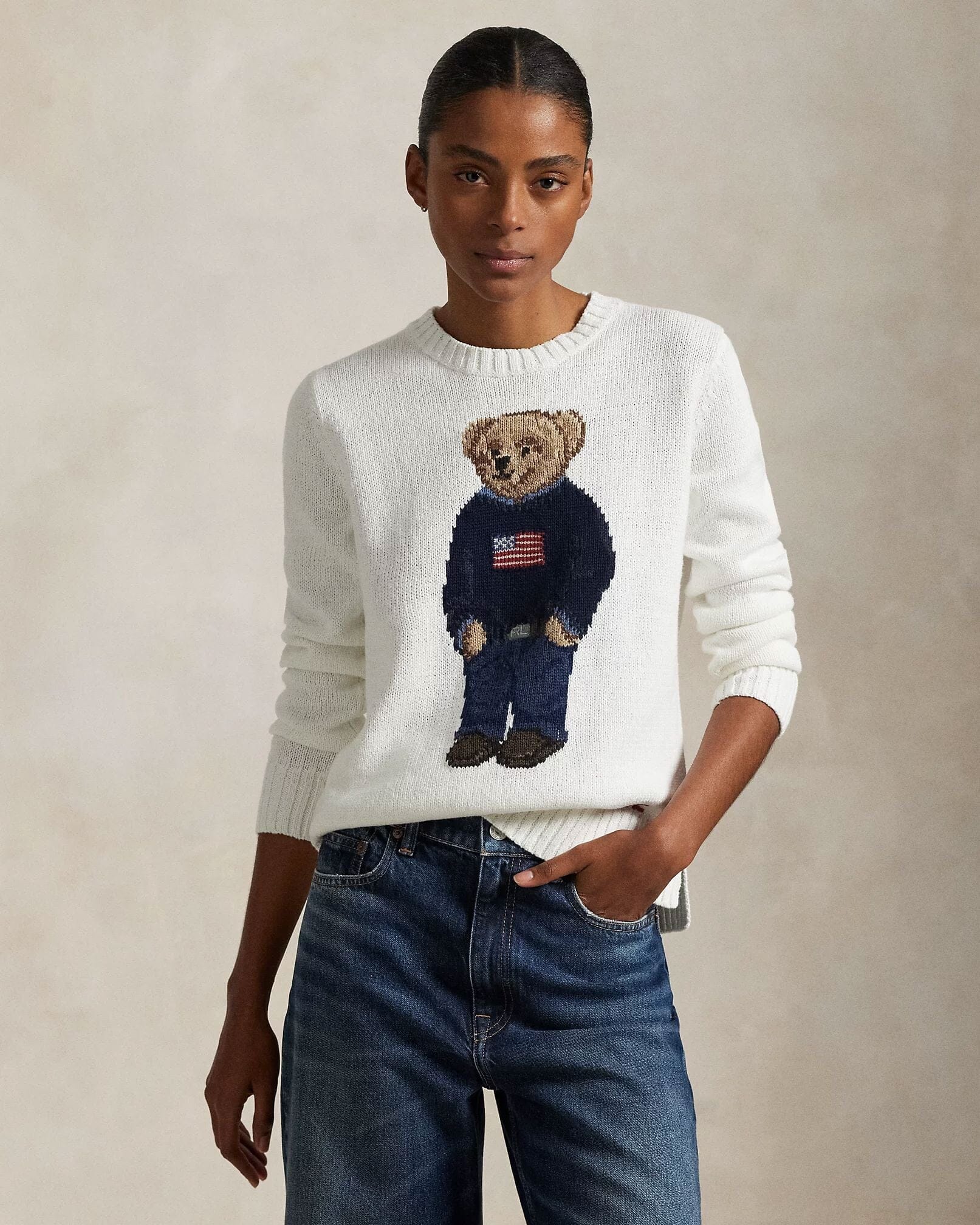 Men's Polo Bear Linen-Cotton Crewneck Sweater